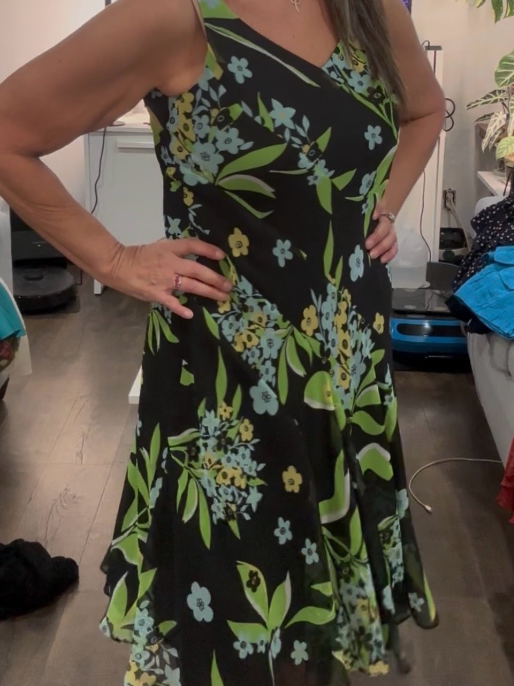 Studio 1940 Floral Chiffon Midi Dress Size 6 Black Green Blue Sleeveless